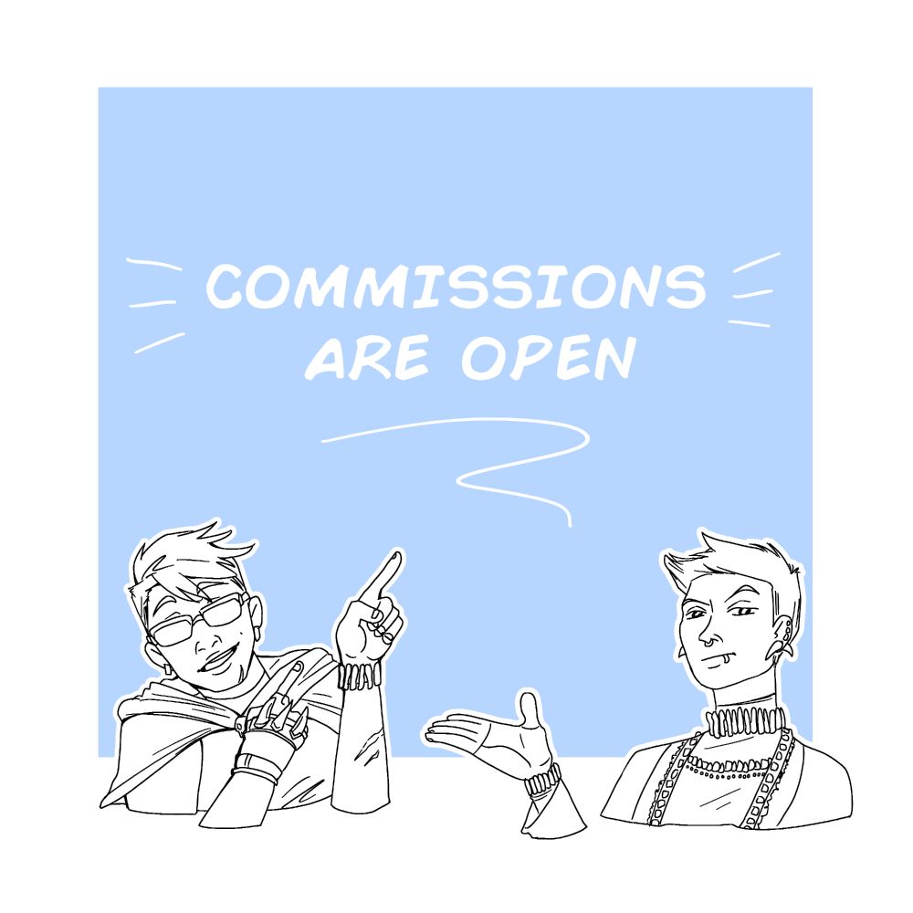 Open commissions image with Gideon and Harrow directing to the words.