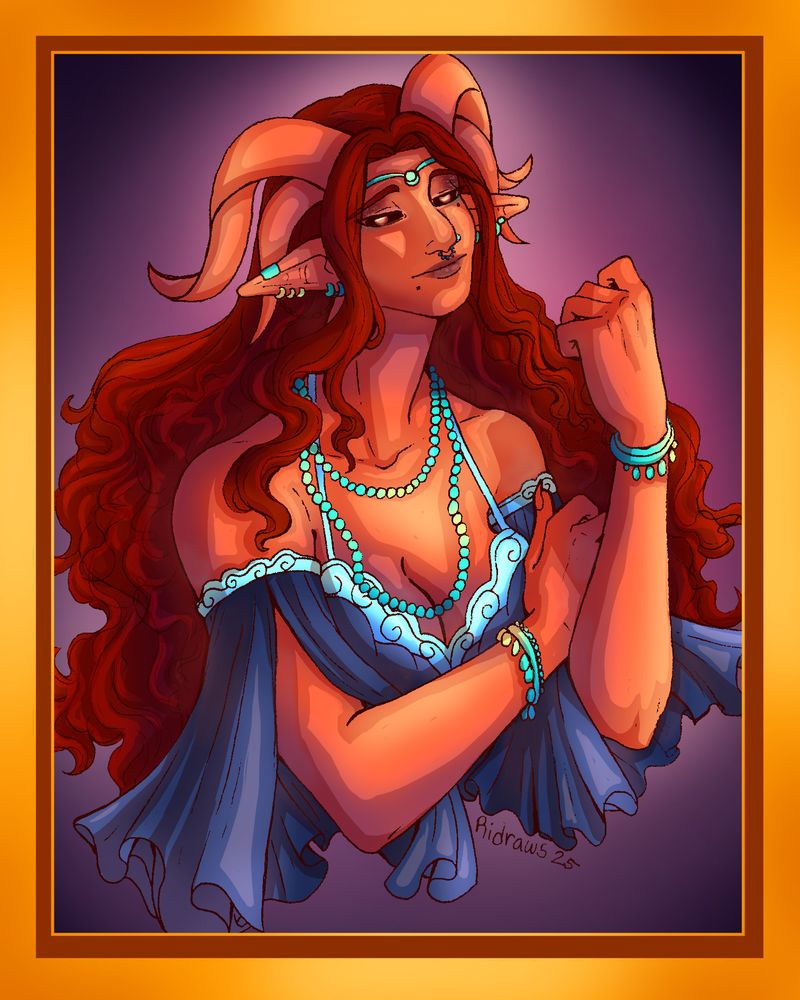 A psudo portrait design of Marion Lavorre from the live play series Critical Role. She is a dark red tiefling with four long horns and long curly red hair. She's adorned in green and blue jewelry and her dress is in blue tones with sea-like designs. A beautiful and queen-like woman.