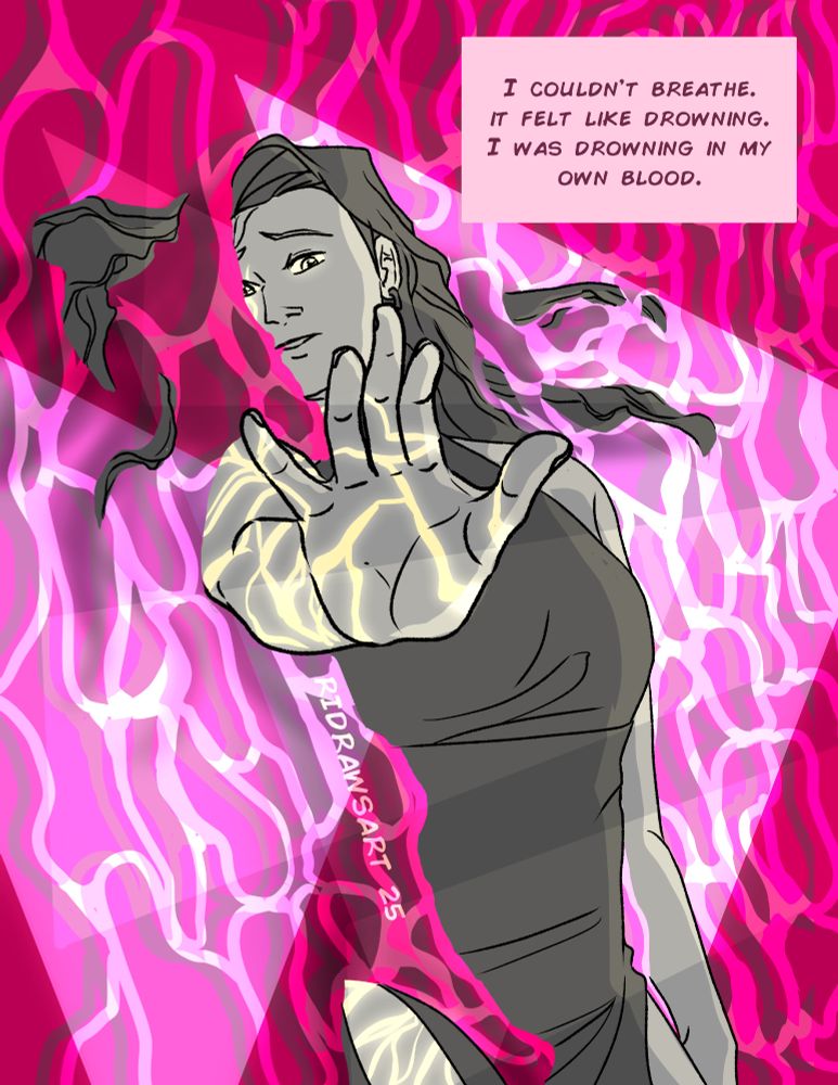 My dnd pc, Lore, reaching out their hand to the viewer. They're floating in bright pink water, half of their face covered by the waves, and yellow glowing lines criss cross along the skin of their arm reaching out.