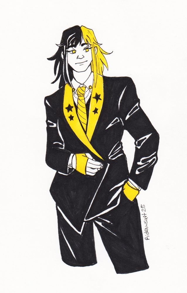 A drawing of my friend's character in a yellow and black suit with half black and half yellow hair and star details.