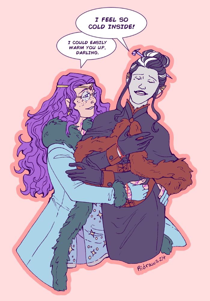 Imogen and Laudna from Critical Role being comfy and cozy in their winter clothes, based around the winter songs that the Critical Role cast made.