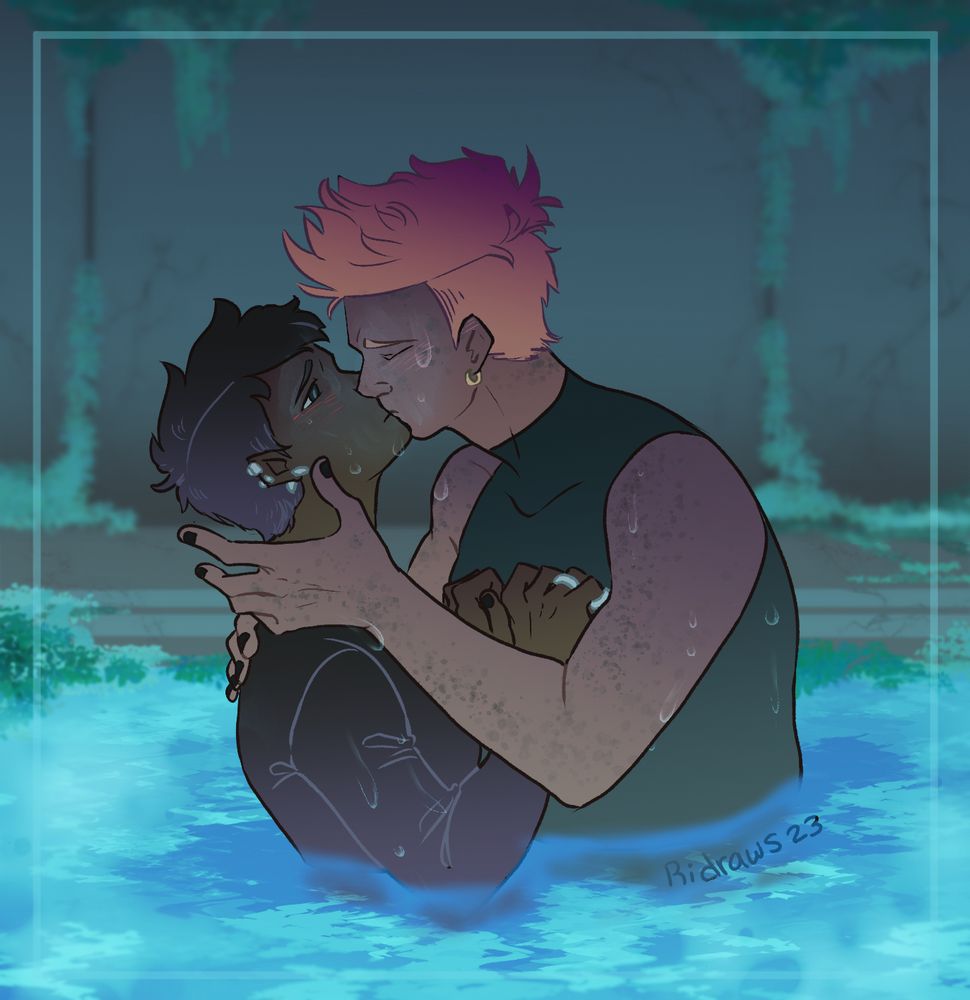 Gideon and Harrow kissing during the pool scene in Gideon the Ninth because I was a dumbass and thought they kissed but then I reread it and realized they didn't.