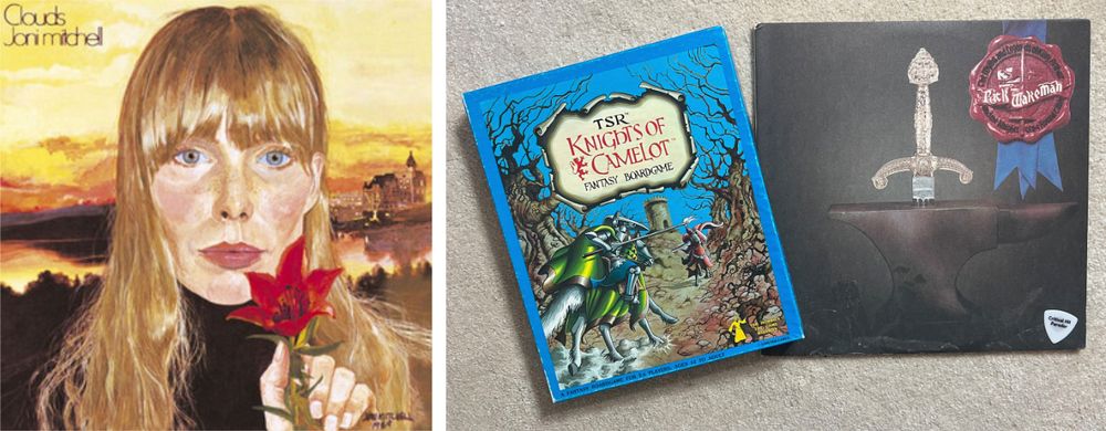 Album cover featuring a painted portrait of Joni Mitchell holding a red flower, a Knights of Camelot board game box showing two knights jousting, and a Rick Wakeman album cover showing a sword stuck in an anvil.