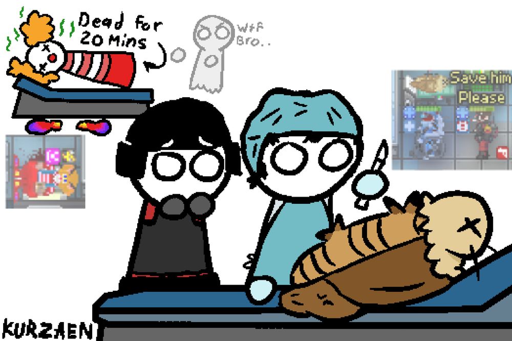 A cartoonish drawing of Space station 13 where a clown is ghosted waiting to be revived, while a doctor and security officer are more focused on reviving a mothroach.