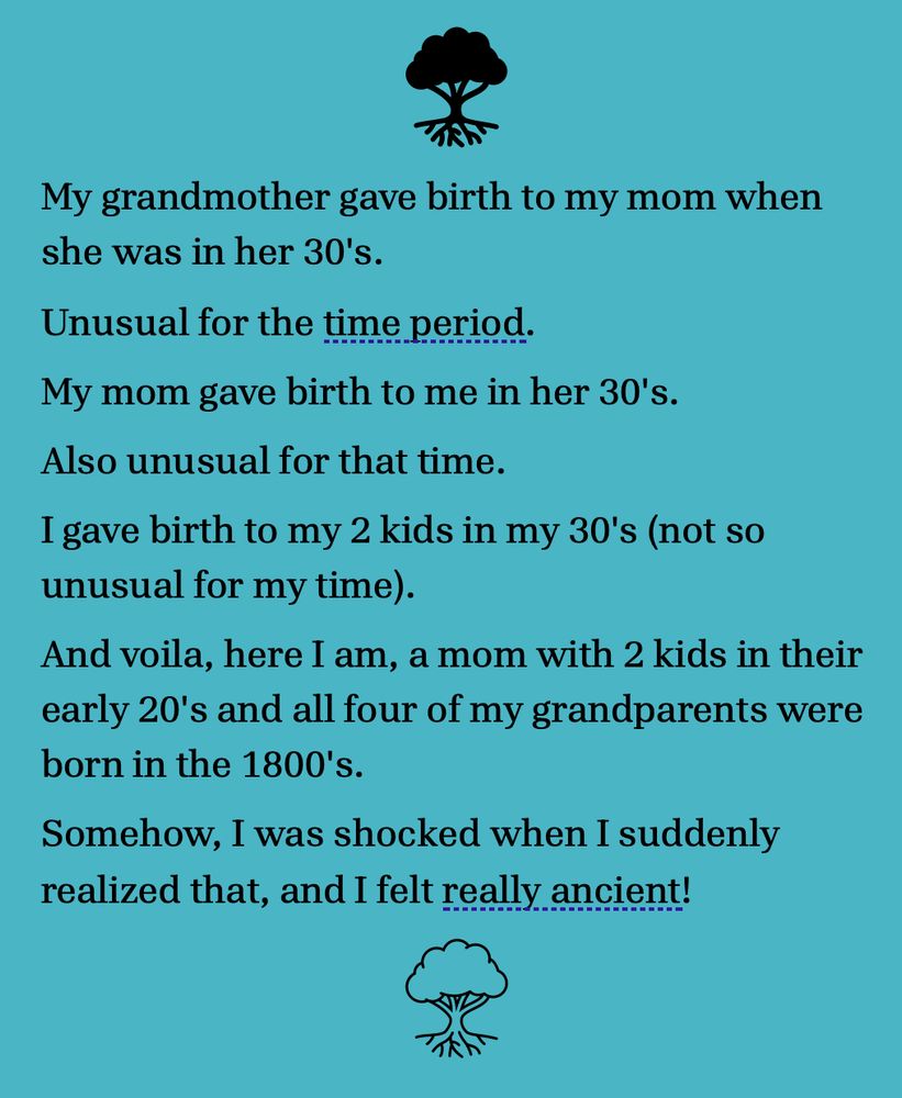 Text reads:
My grandmother gave birth to my mom when she was in her 30's. 
Unusual for the time period. 
My mom gave birth to me in her 30's.
Also unusual for that time. 
I gave birth to my 2 kids in my 30's (not so unusual for my time). 
And voila, here I am, a mom with 2 kids in their early 20's and all four of my grandparents were born in the 1800's.
Somehow, I was shocked when I suddenly realized that, and I felt really ancient!  
Graphic of a tree with roots showing on top (black grapic) and bottom (line graphic)