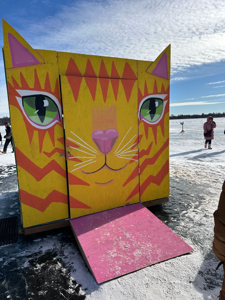 A shanty painted as a cheerful orange cat face