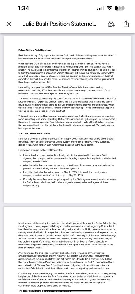 Julie Bush WGA Appeal Position Statement 