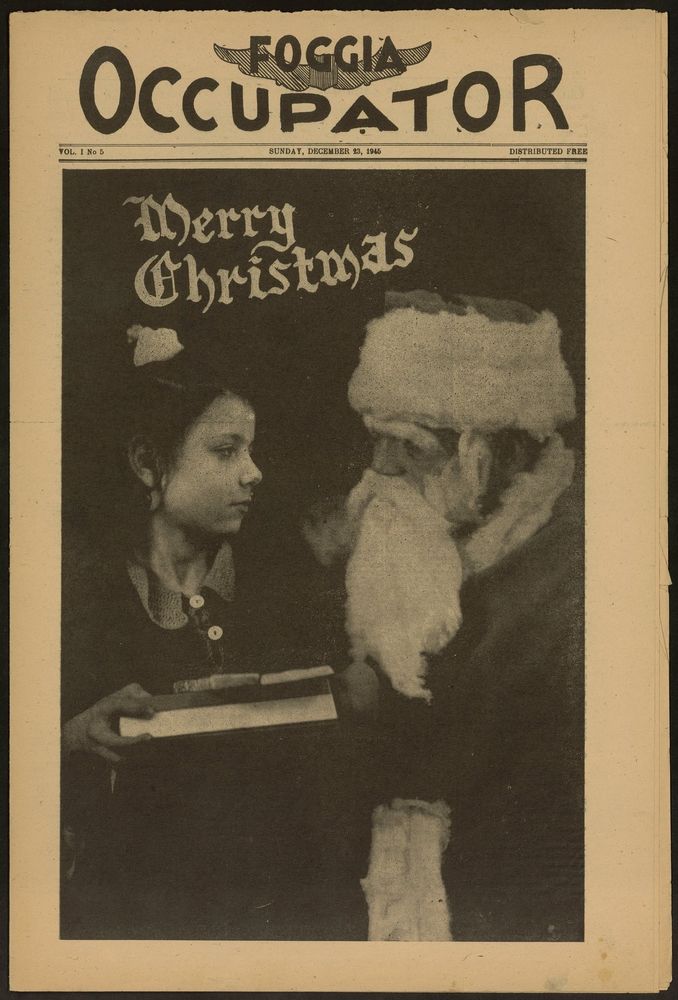 Cover page of an issue of the newspaper "Foggia Occupator," depicting a young girl and a man dressed as Santa Claus