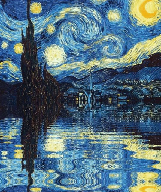 a painting of a starry night with a church in the background