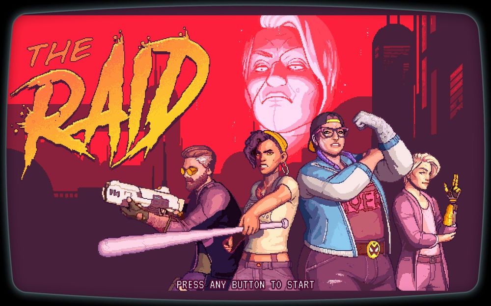 pixel art arcade splash screen of a special level in the game dustborn with the crew striking a pose. Theo, Pax, Sai, Noam. The text, The Raid is emblazoned on the left side. There's a red sky with building in dark colours. a hologram of the ceo's cyborg face hovering over the crew. Theo has a gun.