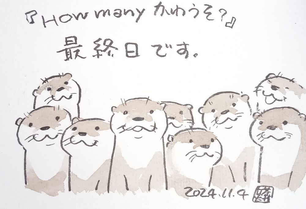 A number of otters, peering out at us.