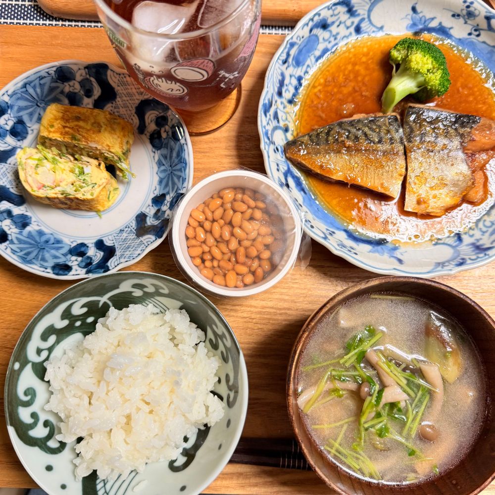 冷凍レトルト食品の鯖のみぞれ煮、揚げなすとしめじと豆苗のみそ汁、カップ入りの小粒納豆、カニカマと豆苗の玉子焼き、ごはん。