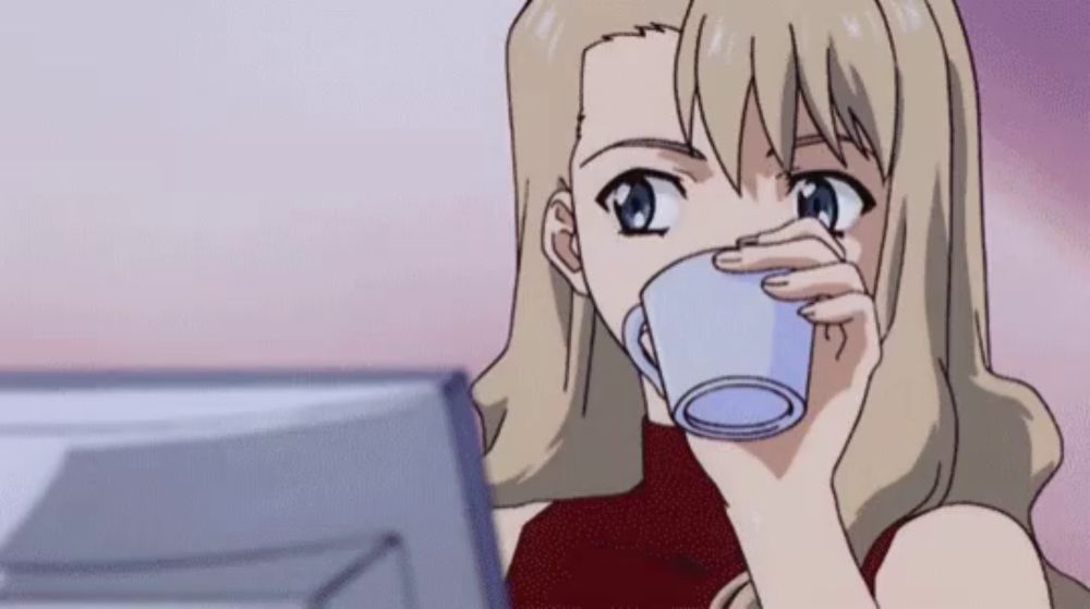 a blonde anime girl drinking a cup of water