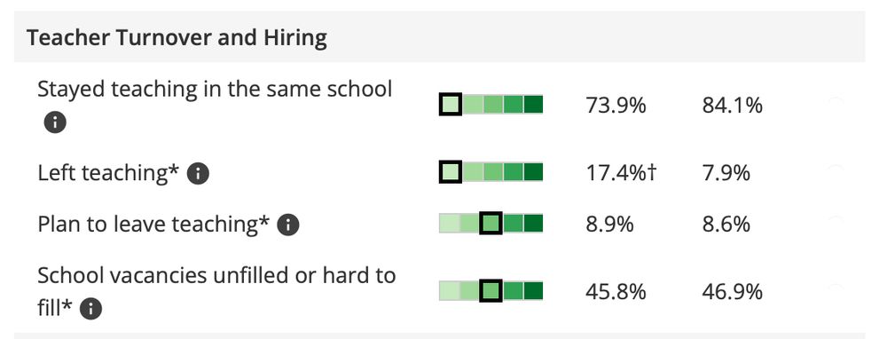 Stayed teaching in same school 73.9%
Left Teaching 17.1%
Plan to leave teaching 8.9%
School vacancies unfilled 45.8%