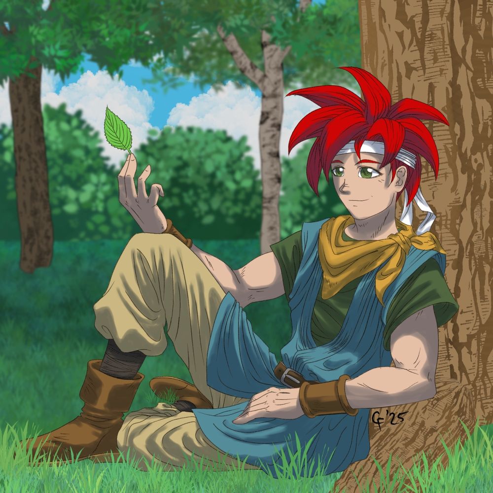 Digital illustration of Crono from Chrono Trigger sitting against a tree holding a leaf