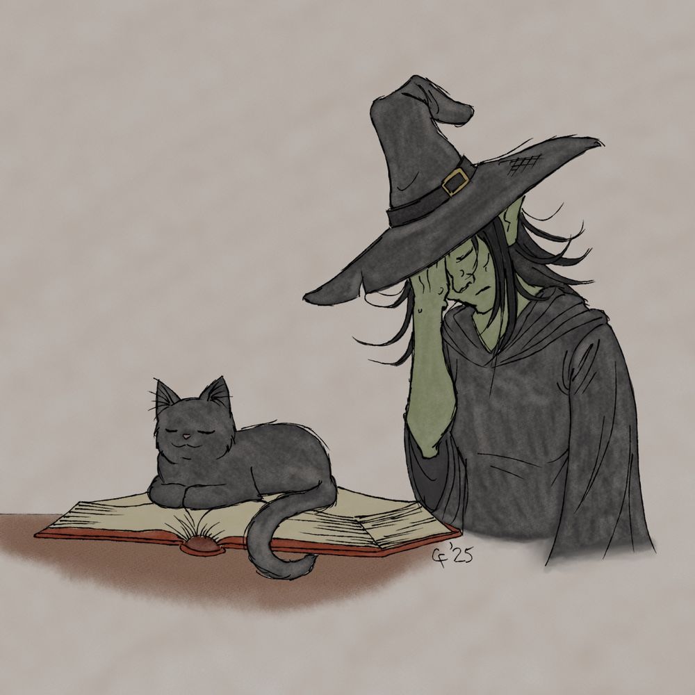 Sketchy digital illustration of a witch facepalming as her black cat familiar sits on her spell book 