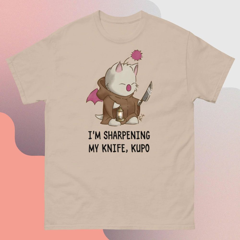 Mockup photo of beige T-shirt with Final Fantasy moogle dressed as tonberry captioned: I'm sharpening my knife, kupo