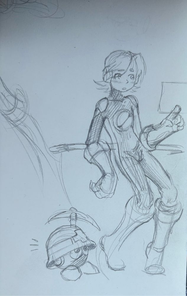 A loose pencil sketch of Hub Hikari without his helmet along with a Mettaur virus