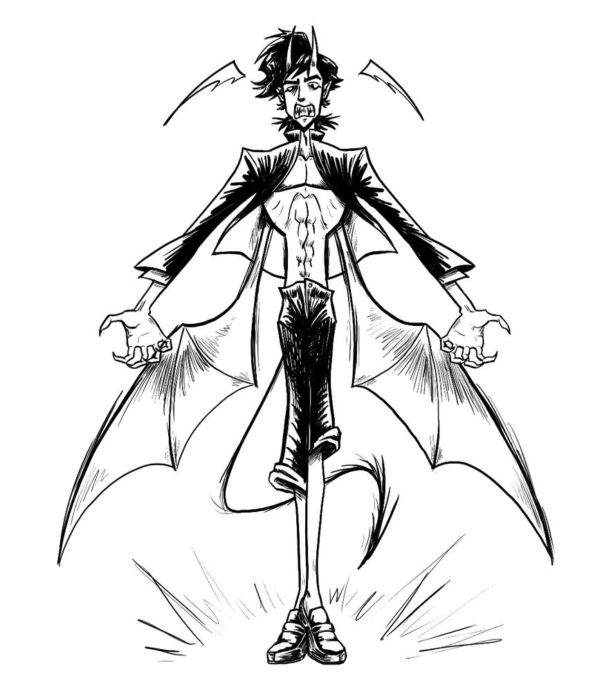 Digital black and white drawing of Akira Fudo with wings coming out from under his school uniform