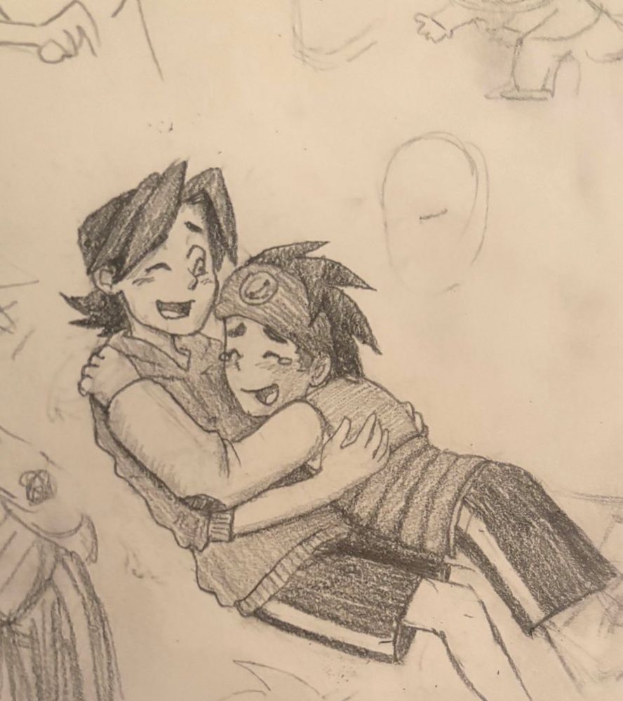 Traditional pencil drawing of Lan Hikari hugging Hub Hikari. Both of them are happily smiling. Lan has tears in his eyes.