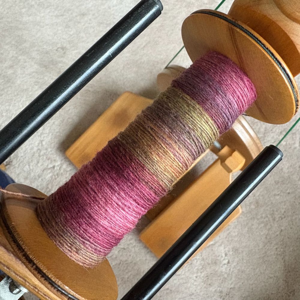 A bobbin of handspun singles on a bobbin that is still on a Majacraft Little Gem spinning wheel.  The fibre is Targhee dyed in shades of pink, orange, green and purple. 