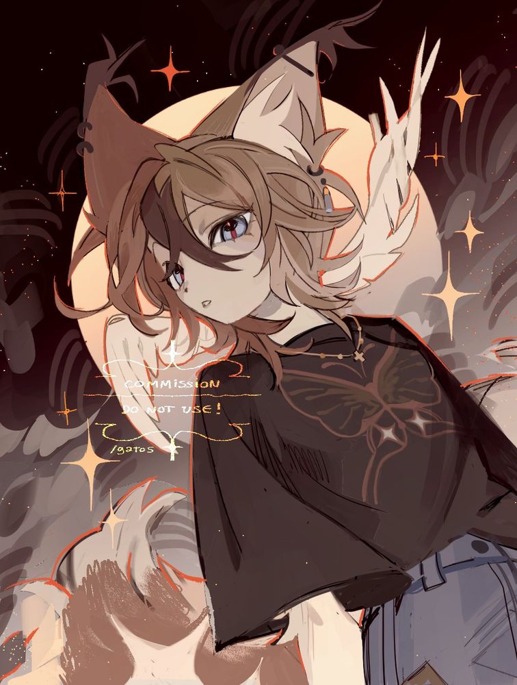 Illustration of an anthropomorphic brown cat character with a pair of wings coming from his neck; he uses a dark shirt with a moth illustration in it, paired with jeans. He is posing in front of the moon.