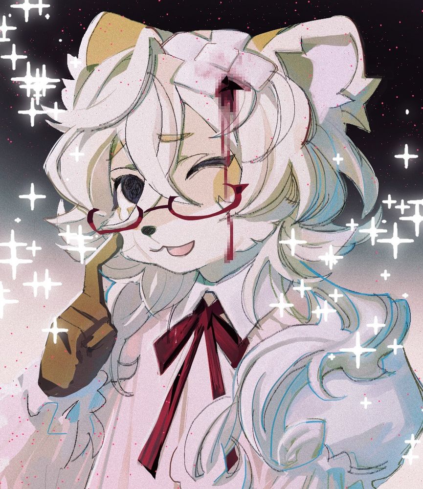Bust drawing of a furry raccoon. 

The picture has soft colors and tons of white sparkles. The raccoon uses red glasses and wears a pastel-pink blouse with a red bow. They're looking up in a silly way, at the bandage in their head. There's blurred bloodmarks in the picture.