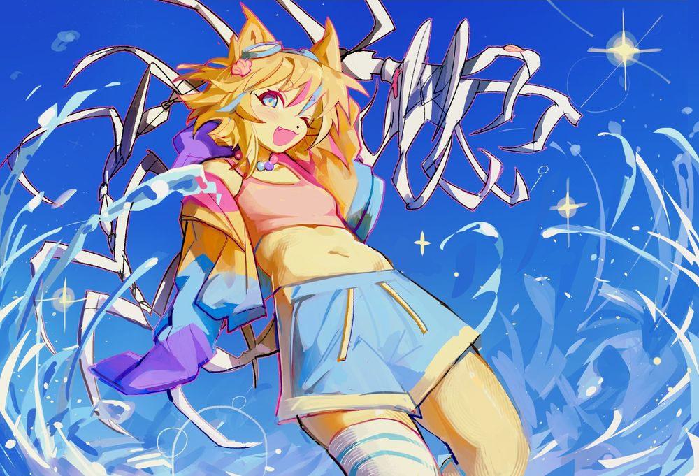 Drawing of a yellow anthropomorphic cat, "bermuda". He has a skeleton-fish instead of a tail and wears colorful accessories. The character is in the middle, surrounded by splashes of water. Behind, there is a vast blue sky.