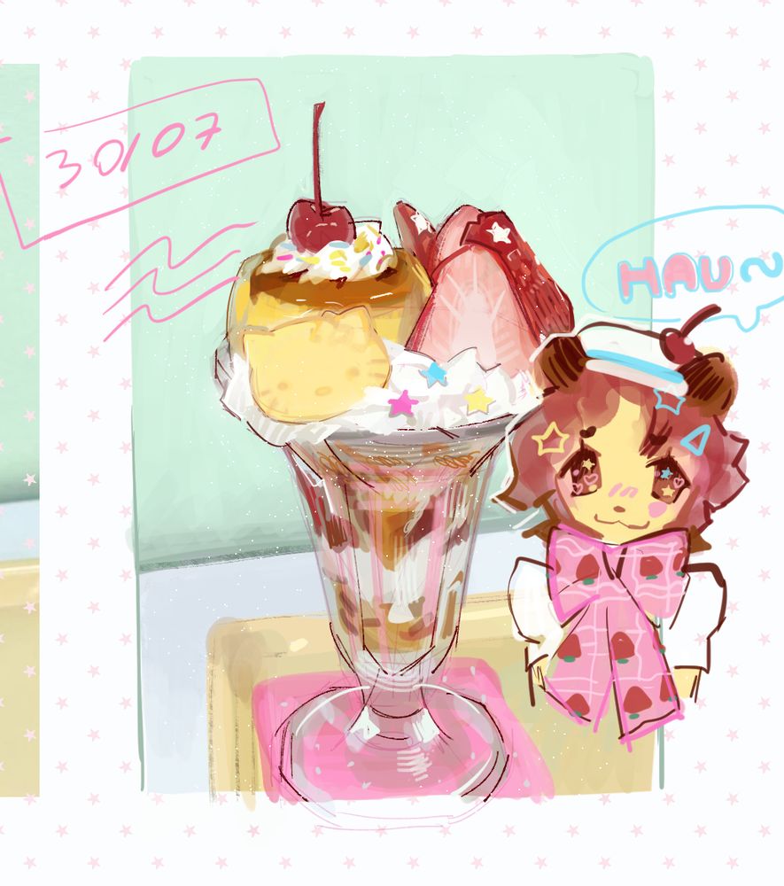 A study drawing of a Hello Kitty parfait cup that is made of cream, pudding, strawberries, whipped cream, and a cherry. On top is a doodle of an anthropomorphic, anime-style lion that seems to be very joyous