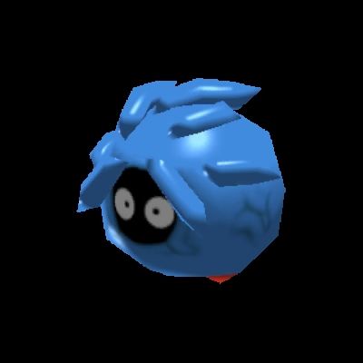 A low-poly image of Tangela, from the game Pokémon Rumble Rush. The creature is round and blue with a circular black face, two simple eyes, and small red feet.