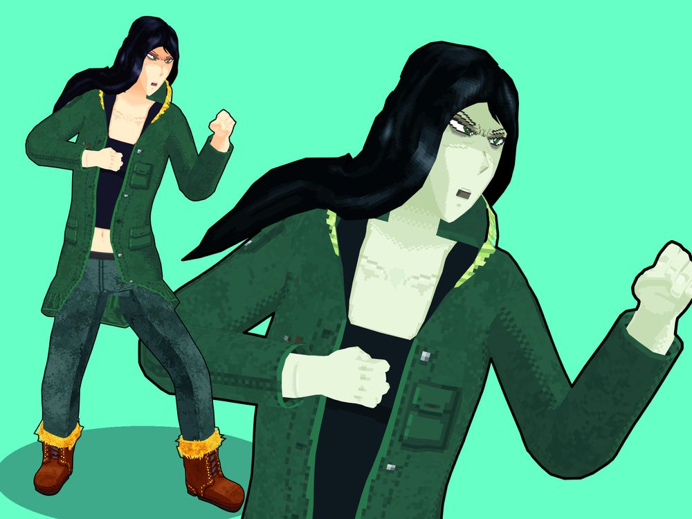 A low poly model of a woman in a fighting stance.
It looks somewhat like a Tae-Kwon-Do stance, but somewhat stiff and amateurish
