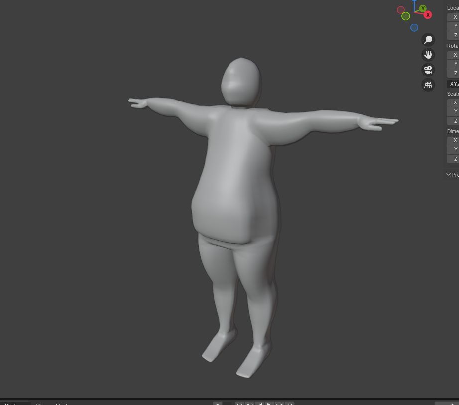 A screenshot of Blender, showing an untextured 3D model of a fat person.