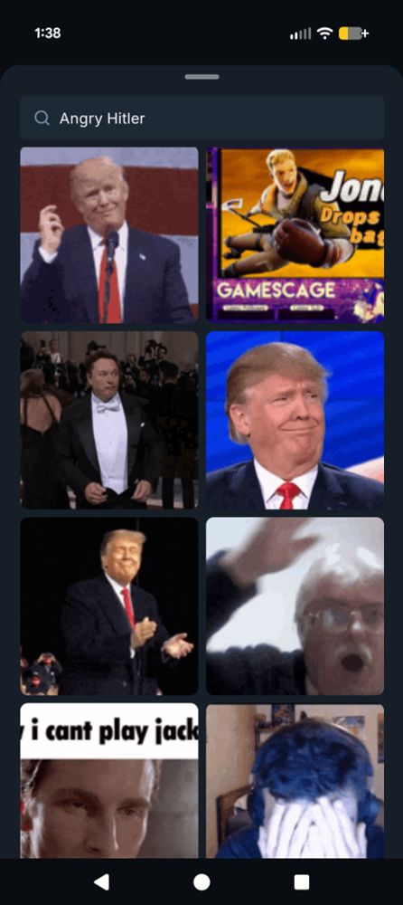 A search bar at the top with "Angry Hitler" typed in, where the results show gifs featuring Donald Trump and Elon Musk among other mixed results.