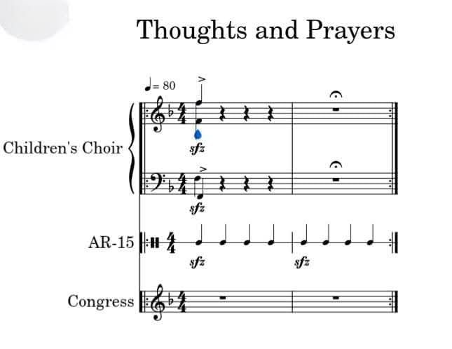 Two measures of music in common time on perpetual repeat. Quarter note equals 80. Three voices needed. Children's choir, which screams any sound they want on the first beat, sforzando. And then silent. Ar -15 which keeps a steady, nonstop beat. And Congress, which is always silent 