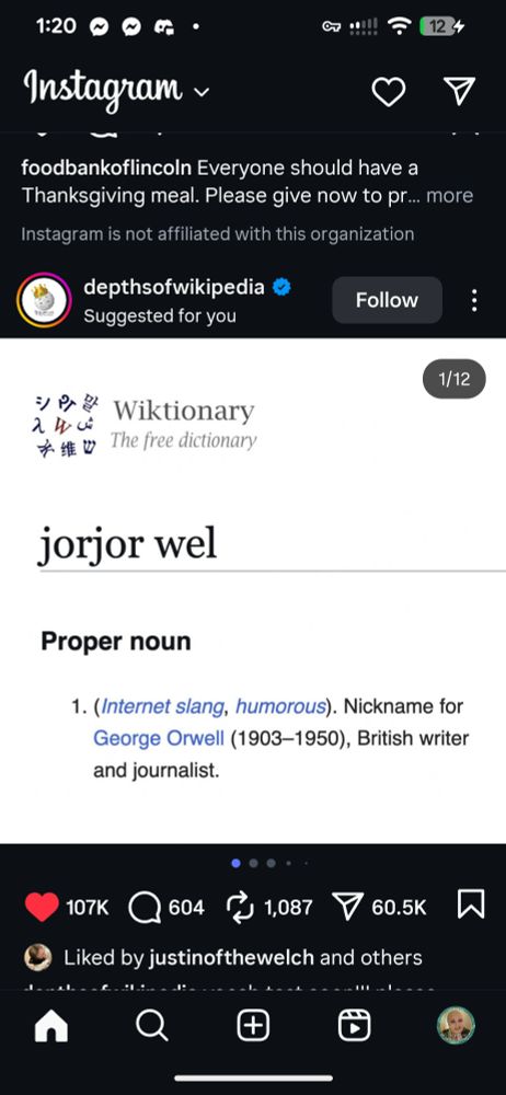 Screenshot from Instagram with a definition from Wiktionary: 

J o r j o r  W e l 

Proper noun: nickname for George Orwell 1903 to 1950, British writer and journalist 