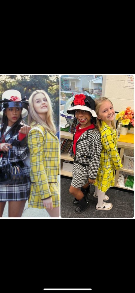 Split screen image with a shot from the movie Clueless and two little girls dressed exactly like the characters. 