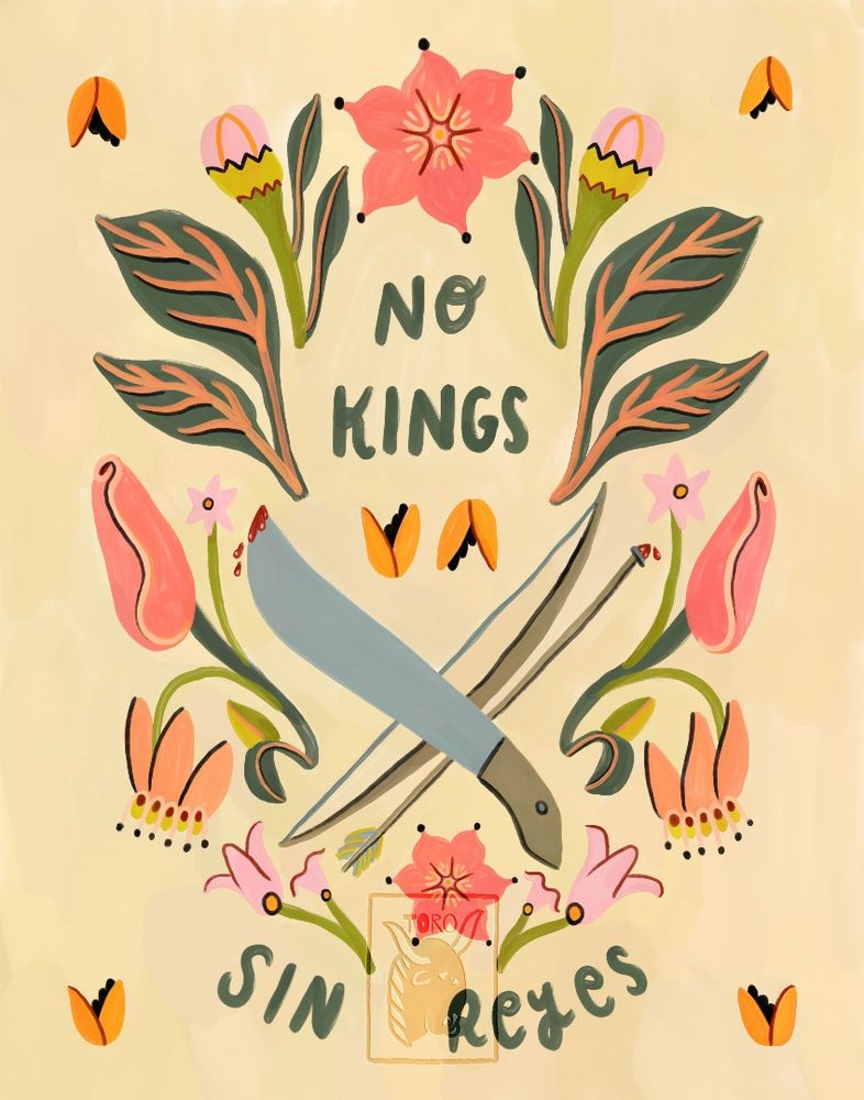 Illustration of aji and bixa planys with a machete and bow and arrow crossed in the center. Handwriten text reads no kings, sun reyes