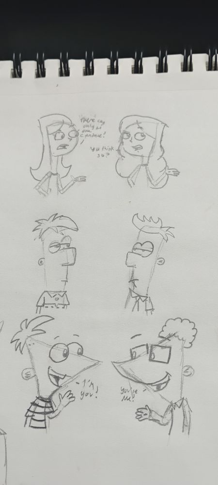 Left are the actual characters, right are the parody versions from Cartoon Network's MAD, featuring legally distinct designs.

Bottom: Real!Phineas waves to MAD!Phineas, who waves back.
Real!Phineas: I'm you!
MAD!Phineas: You're me!

Middle: Real!Ferb stares at MAD!Ferb. No dialogue.

Top: Real!Candace and MAD!Candace have a little quarrel.
Real!Candace: There can only be one Candace!
MAD!Candace: Ya think so?