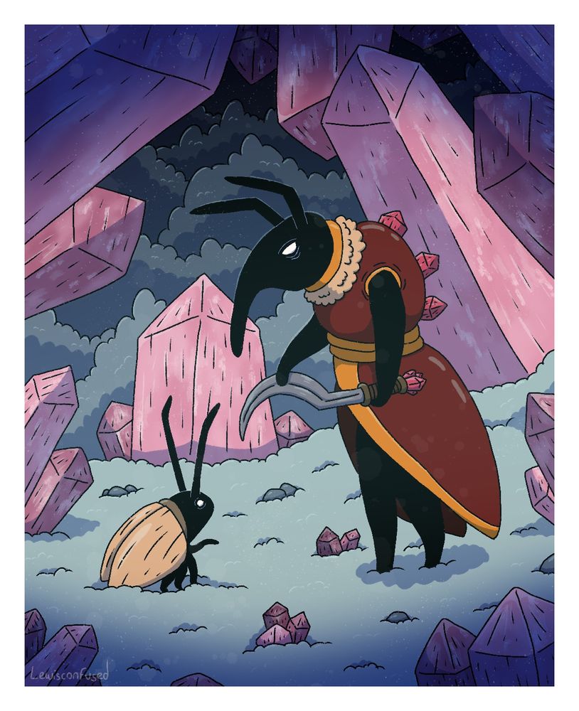 A weevil person holding a sickle confronts a beetle in a cave full of pink crystals