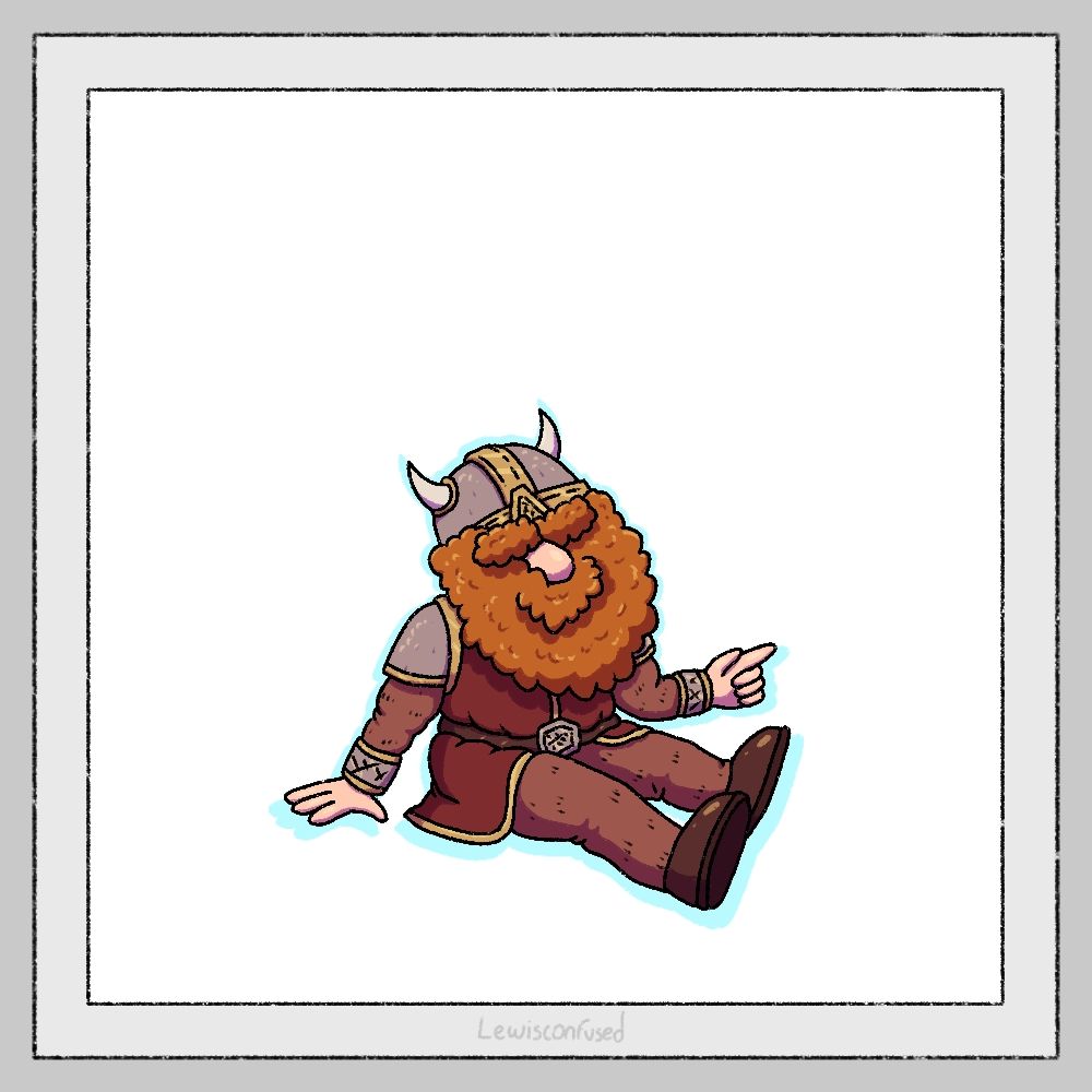 A sitting dwarf with a big beard and horned helmet, pointing