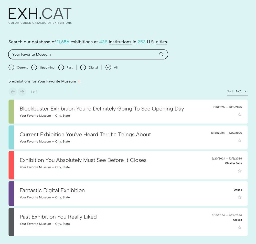 Five sample search results for a search for "Your Favorite Museum" in the EXH.CAT exhibitions database. Results include a future exhibition, a current exhibition, an exhibition that's about to close, a digital exhibition, and a past exhibition.