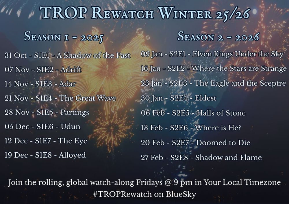 Schedule for the Winter TROP Rewatch showing the dates we will be watching the episodes.