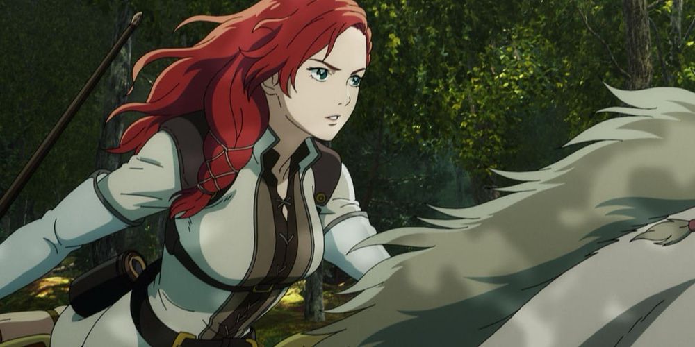 Héra from War of the Rohirrim riding her white horse Ashere