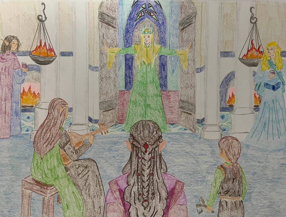 Colour pencil art of Thranduil ( in a green and gold robe) giving himself a double-door entrance into a hall in Rivendell.
Elrond is facing him.
Erestor is on the extreme left, with Lindir playing a lute next to him.
Estel is on the right near Elrond
Glorfindel is on the extreme right in a blue robe
