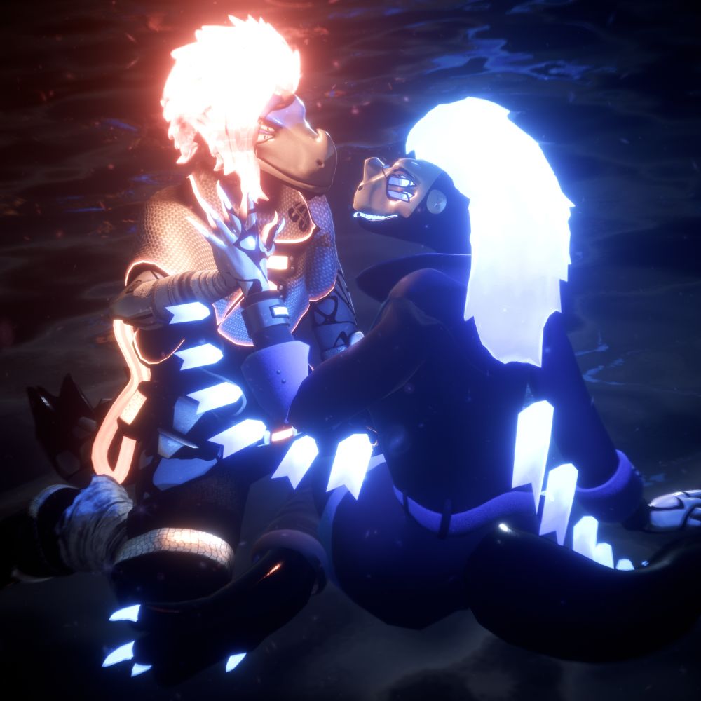 A set of anthropomorphic raptors. One is masculine a orange-haired one, and the other is a feminine blue-haired one. They are touching hands, both sitting atop an abstract fluid. They are looking at one another, their glowing holographics casting what look to be stars or galaxies over the piece.