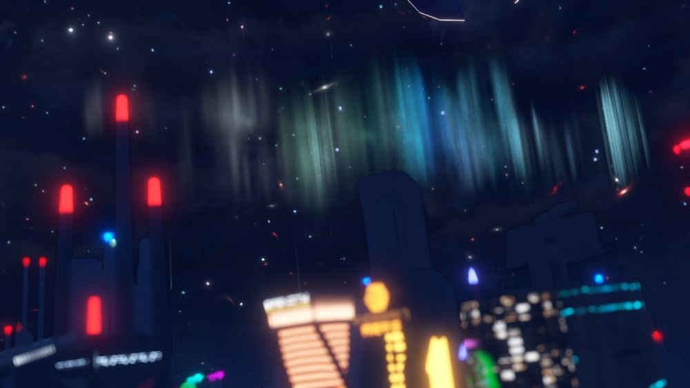 An out-of-focus cityscape with a bright, almost neon blue aurora sitting behind it.