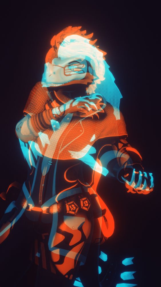 An experimental orange & blue piece. At its core, two different anthropomorphic raptors, one masculine one lit in orange, the other a more feminine one clad in blue. Their layers are overlaid in such a way that the masculine one has a displeased expression, and the feminine one has a more peppy expression, their left hands oriented in a way to make it seem as though they're holding hands.