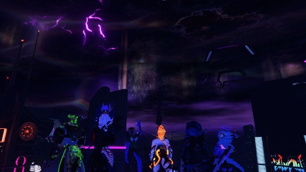 A group of anthropomorphic misfits look up at the purple, shadowy sky above a cyberpunk cityscape, bright pink lightning fraying overhead.