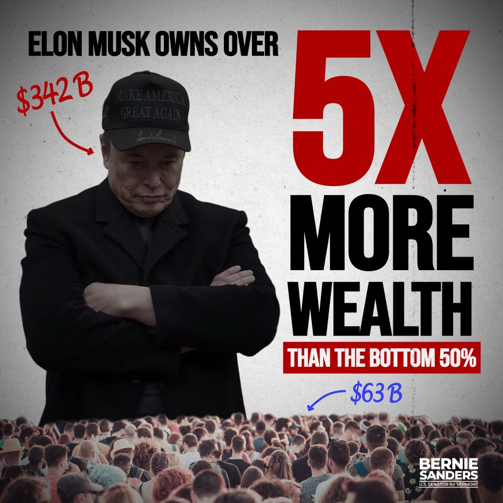 Elon Musk owns over 5X more wealth than the bottom 50% ($342B vs. $63B)
