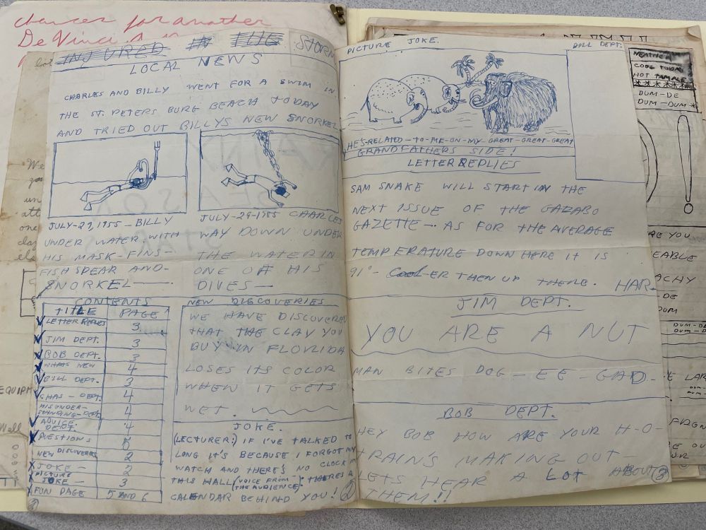 Interior of The Gazabo Gazette with a table of contents, stories, and illustrations. 